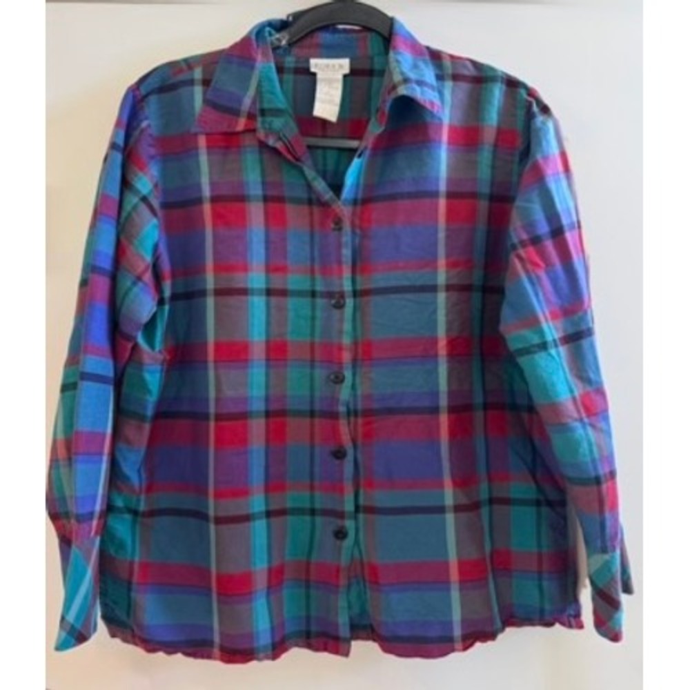 Vintage 90s Koret Plaid Silk Blend Button Up Blouse Medium PETITE Grunge Holiday